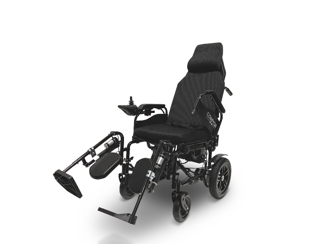 The ComfyGo X-9 Remote Controlled Powerchair is a sleek black electric wheelchair with automatic reclining, adjustable leg rests, cushioned seat and backrest, intuitive armrest controls, four wheels for stability, and smaller front wheels for easy maneuverability.